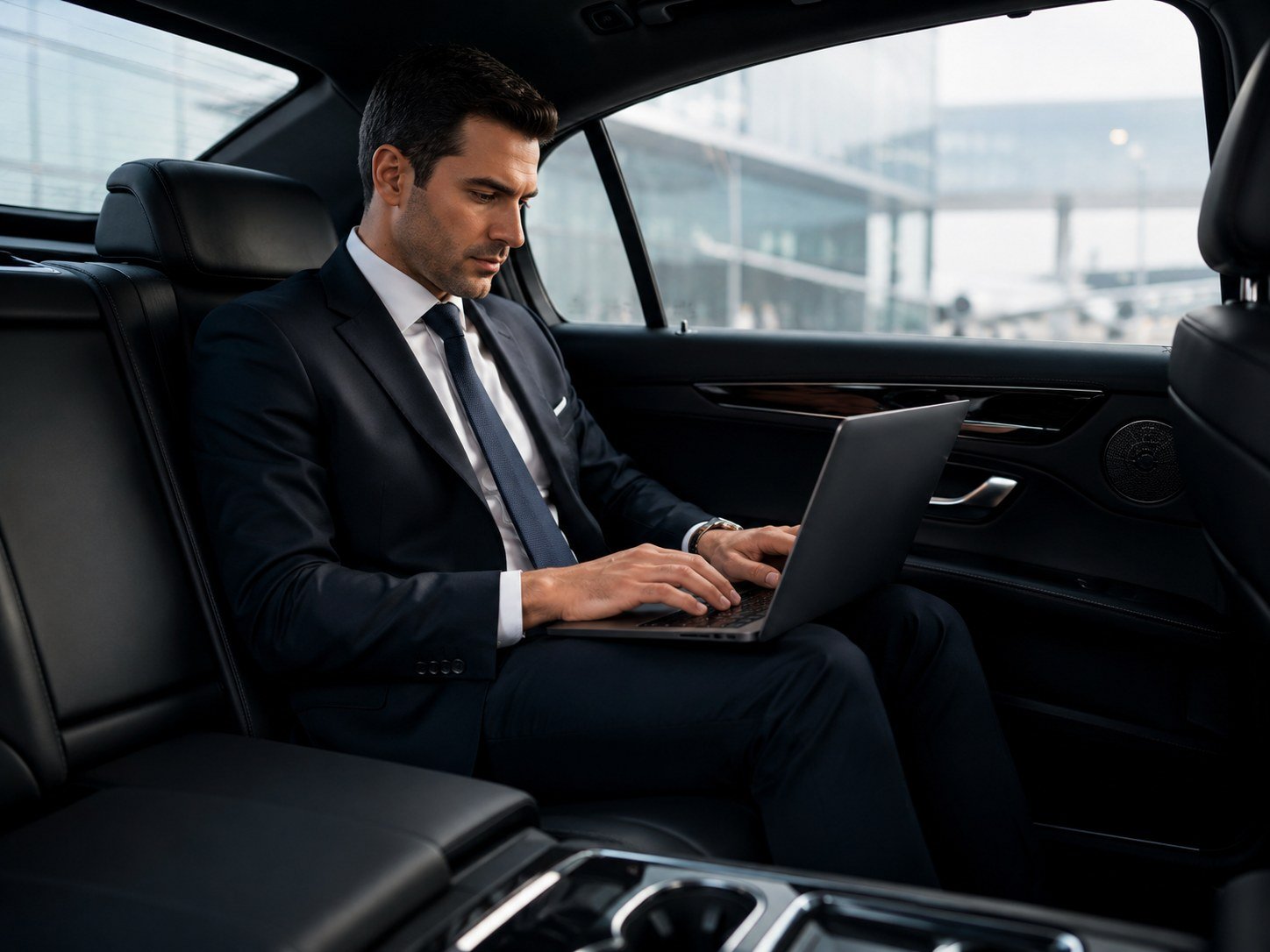 Business traveller using laptop in executive car